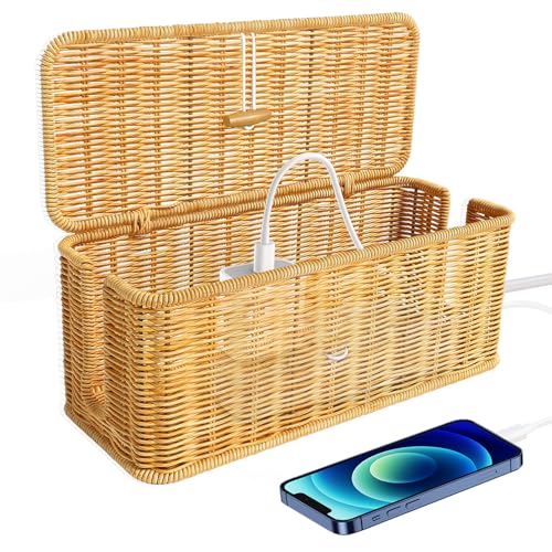 Bocguy Kabelbox, Rattan Kabelmanagement Box, Kabel Organizer Box, Hand-Woven Wire Storage für Kabelsalat Verstecken Schreibtisch, Tv Drähte Power Strip, für Büro, Haus