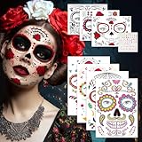Tatouages Halloween Pour Visage,Squelette Autocollants de Crâne de Sucre de Tatouages Jour du Maquillage Mort,Faciaux,Crâne Mort Floral,Crâne De Tatouages Pour Adulte Enfants Halloween Maquillage