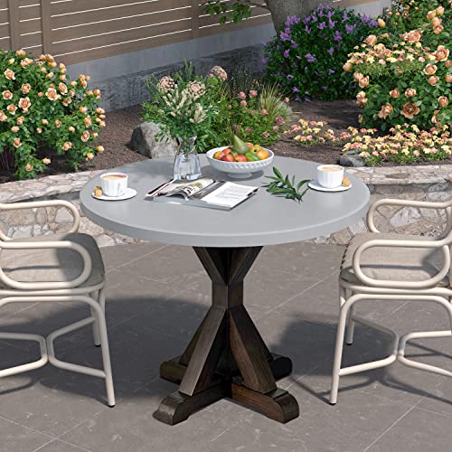 SUNBURY Outdoor Patio Dining Table, Large Patio Bistro Table w Wooden Leg, Outside Dinner Table, Round Outdoor Concrete Coffee Table for Indoor, Garden, Backyard(Dark Brown)
