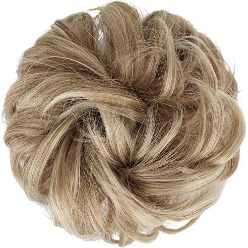 Feshfen Messy Bun Hair Piece Hair Bun Scrunchies Synthetic Wavy Chignon Ponytail Hair Extensions Thick Updo Hairpieces For Women Girls 1Pcs, Mixed Blonde And Ash Blonde Tips #TOP1