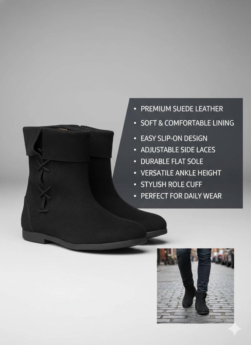 Handcrafted Suede Leather Viking Boots | Perfect for LARP, Cosplay & Renaissance Fairs, Medieval Fantasy Fold-Over Cuff Boots.