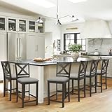 COLAMY Upholstered Counter Height Bar Stools Set of 6, Modern Kitchen Island Barstools Chairs with Cross Back and Wood Legs for Dining Room Bar, Dark Grey