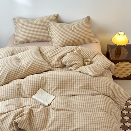 Image of EAVD Vintage Style Brown&Beige Plaid Duvet Cover Full Soft 100% Washed Cotton Chic Checkered Gingham Bedding Set with 2 Pillowcases Farmhouse Brown Gingham Duvet Cover with Zipper Closure