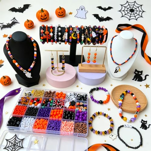 XBYzuzi 2600Pcs Halloween Beads for Bracelets Jewelry Making Kit, Orange Black White Purple alloween Polymer Clay Beads Pumpkin Evil Eye Skull Bead with Ghost Spider Charms for DIY Craft Earring - Image 7