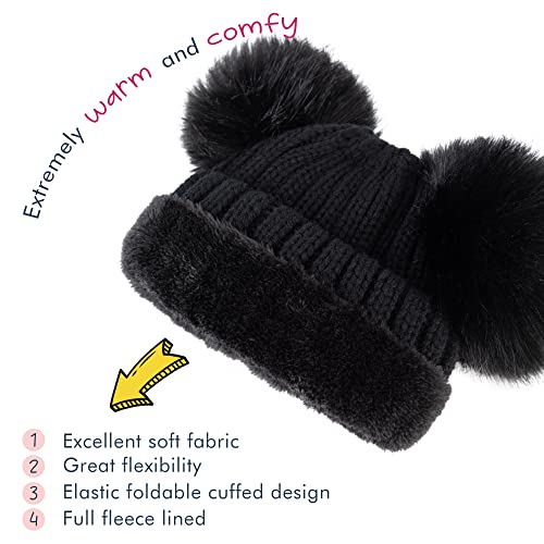 Image of Simplicity Warm Kids Boys Girls Winter Hat with Pompom Ears Elastic Knitted Toddler Beanie Hats for Girls Boys