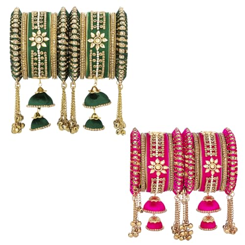 Image of Peora Velvet Silk Thread Kundan Studded Chuda Bangles Set Gift for Women