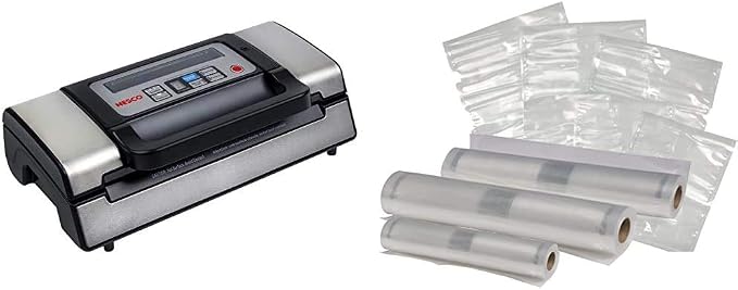 NESCO VS-12, Deluxe Vacuum Sealer with Bag Starter Kit and Viewing Lid, Compact Design, Silver & VS-07V, Vacuum Sealer Bags, Variety Pack, Clear