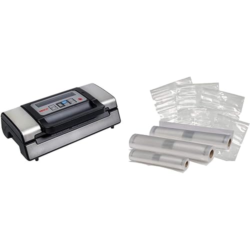 NESCO VS-12, Deluxe Vacuum Sealer with Bag Starter Kit and Viewing Lid, Compact Design, Silver & VS-07V, Vacuum Sealer Bags, Variety Pack, Clear