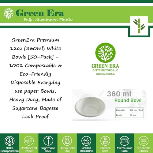 GreenEra Premium 12oz (360ml) White Bowls [50-Pack] - 100% Compostable & Eco-Friendly Disposable Everyday use paper Bowls, Heavy Duty, Made of Sugarcane Bagasse Leak Proof
