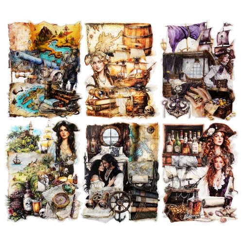 Miyouluna 120Pcs Vintage Pirate PET Stickers, Maritime Travel Scrapbook Ephemera for Journaling Planners Waterproof Craft Supplies