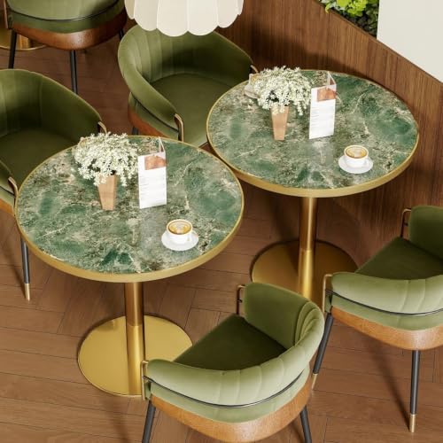 Image of 63 inch Tulip Table, Small Round Dining Table with 1.2 inch Thick Sintered Stone Tabletop and Golden Metal Pedestal Base, Bistro Table for Diner, Bar, Restaurant, kitchen, Bakery, Apartment (Verde Alpi)