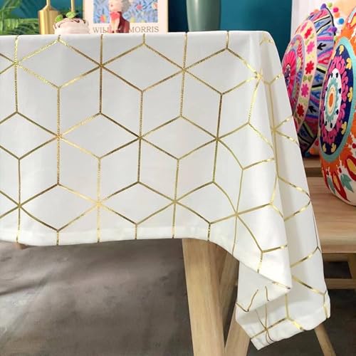 Nappe en polyester aspect velours blanc avec lignes dorées géométriques - 3