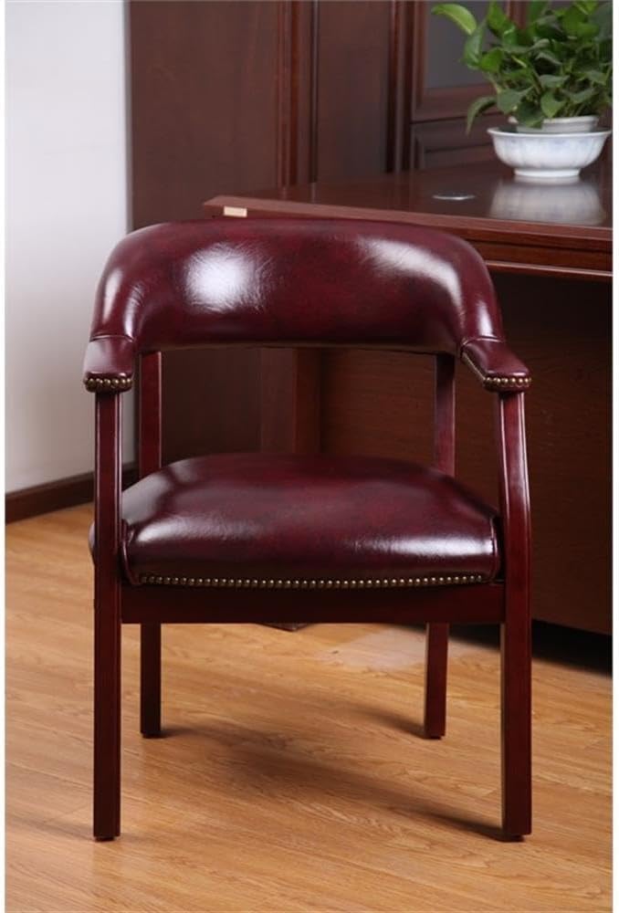 Pemberly Row Faux Leather Ivy League Executive Guest Chair, Burgundy Upholstery, Mahogany Finish Hardwood Frame, Brass Nail Head Trim, No-Sag Spring Seat, 24"W x 26"D x 31"H, Office or Home Seating