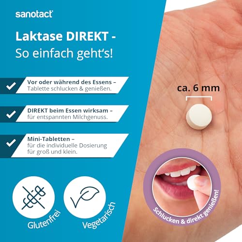 sanotact Laktase Direkt 4.500 Mini-Tabletten – 100 Stück | Für Laktoseintoleranz | Sofortige Wirkung | Ohne Wasser einnehmbar | Praktischer Klickspender 5