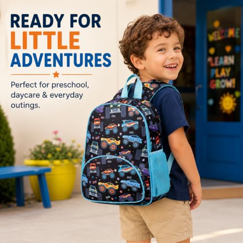Image of LOIDOU Kids Preschool Backpack for Boys, 15 Inch Monster Truck School Bag, Lightweight Water-Resistant Kindergarten Backpack with Chest Strap for Ages 3-6