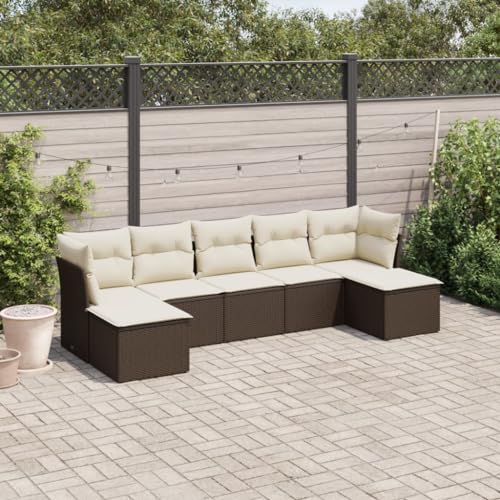 Mokuyary M324K872 - Sofá de jardín con cojines (7 piezas, polirratán, marrón, para balcón, terraza, sin mesa), color marrón