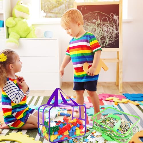 Image of 6 Colors Large Toy Storage Bags with Labels, Reusable Clear PVC Board Game Storage, Travel Waterproof Organizer Bags with Zipper for Building Blocks, Puzzle, Kids Books(3 large & 3 Widen X-Large)