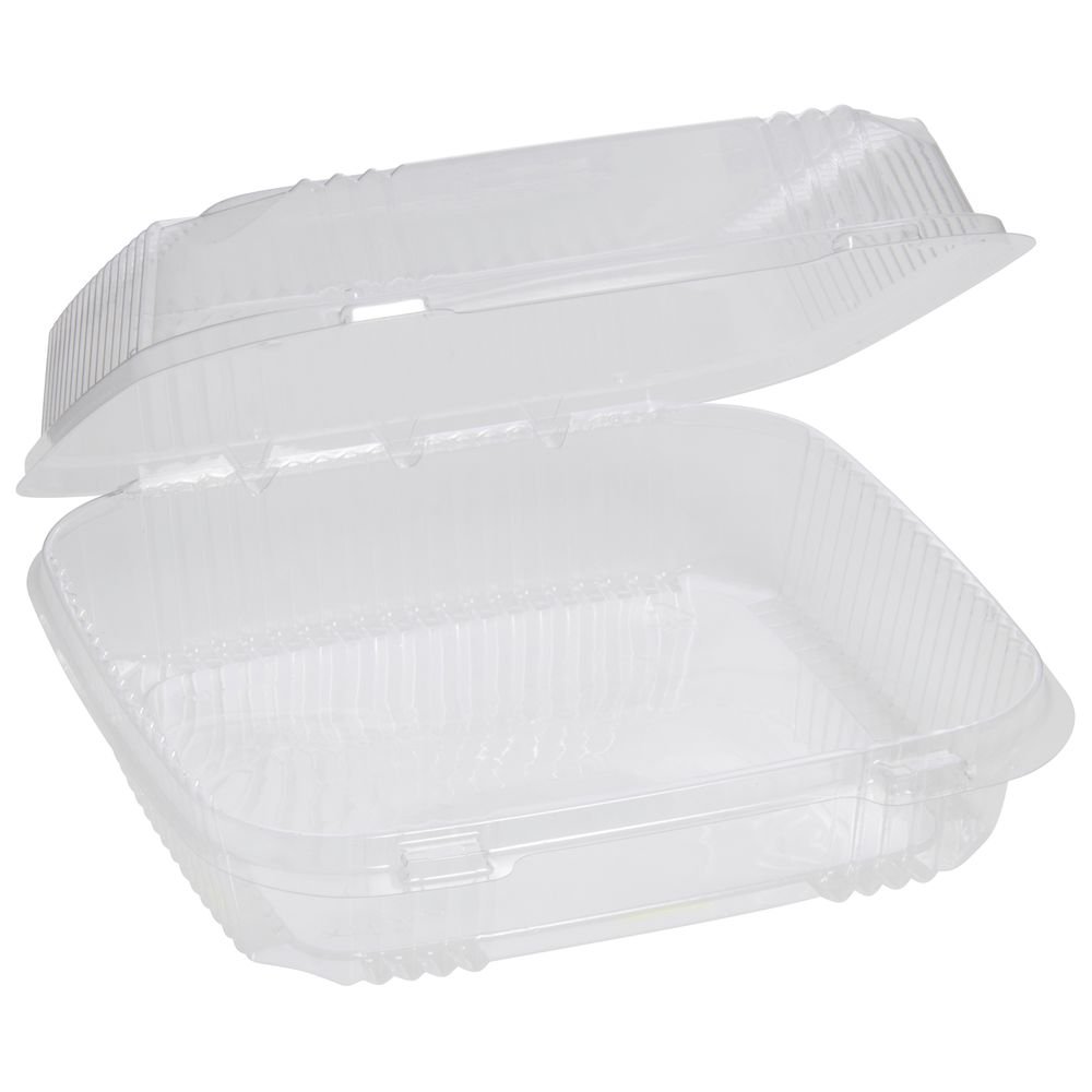 Carryout Clamshell Container Medium Clear Polystyrene Hinged - 8 3/16 L x 8 5/8 W x 2 7/8 H 200 per Case