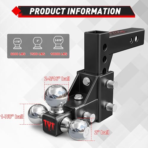 Image of TYT Adjustable Tri-Ball Trailer Hitch for 2 inch Receiver, 5 inch Drop /Rise, 1-7 /8 inch, 2 inch, 2-5 /16 inchBall with Hitch Pin Lock & Pins, 10,000 lbs GTW, 1,000 lbs TW