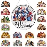 Yousoontic 17 Pcs 12 Inch Magnetic Welcome Door Sign Interchangeable Front Door Wreath Decor Rustic Seasonal Hanging Sign Patriotic Summer Decor for Home Warming Gift(Classic Color,Welcome)