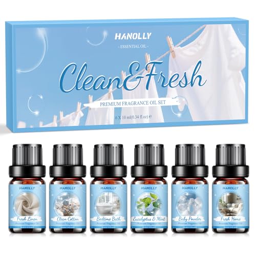Hanolly Wäscherei Ätherische Öle Set 6 x 10ml, Natürliche Saubere Duftöle für Diffuser, Seifenherstellung – Frische Wäsche, Saubere Baumwolle, Gute Nacht Bad, Eukalyptus & Minze, Frisches Zuhause