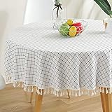 AMZALI Checkered Tassel Tablecloth Washable Cotton Linen Tablecloths Dust-Proof Table Cover for Kitchen Dinning Tabletop Decoration (Round, 60 Inch, White/Blue)