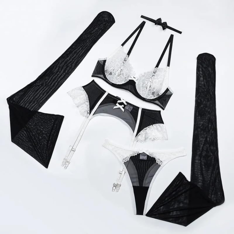 Image of Likra Womens 4 Piece Lace Lingerie Set | Net Bra Panty Garter Belt Stockings Nightwear | Romantic Bridal Honeymoon Babydoll Set | Black White