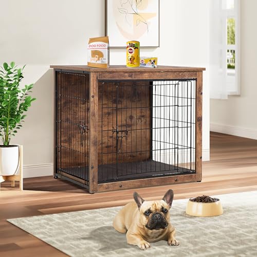 27 Inches Wooden Dog Crate Furniture Dog House Indoor Wood Dog Kennel Heavy-Duty Dog Cage End Table Pet Crate with Cushion & 2 Doors for Small Medium Large Dogs, Brown