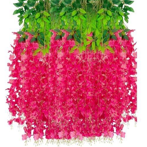 Image of SATYAM KRAFT 12 Pcs (43.2 inch) Artificial Wisteria Vine Garland | Long Silk Hanging Flowers String for Wedding Decoration Items, Mandap, Birthday Party, Festival Event & Home Decor (Rani)