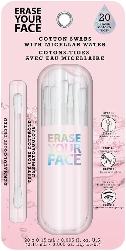 Hastes de algodão com água micelar ERASE YOUR FACE, pacote com 20