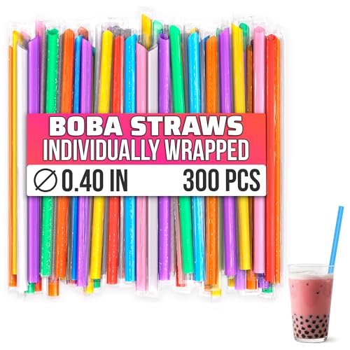 300 Pcs Boba Straws Individually Wrapped - 9.25x0.4 Wide & Sturdy Jumbo Straws for Smoothies Iced Coffee Milkshakes & Bubble Tea - Disposable Boba Straw with Angled Tips Cut-to-Fit Tall Tumblers