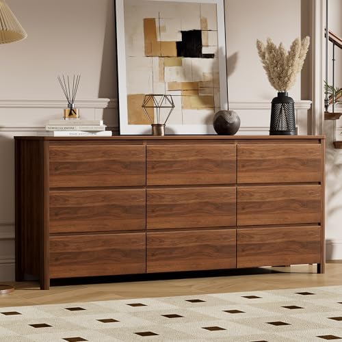 Image of Furniway 63 inch Mid-Century Modern Dresser for Bedroom, 9 Drawer Wide Chest of Drawers with Wood Legs, Large Storage Bedroom Dresser, Walnut