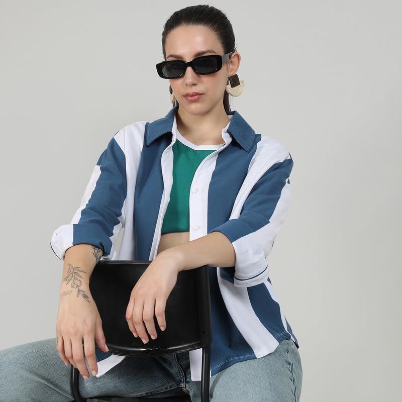 Image of PINACOLADA Women's Boxy Striped Shirt for Casual Wear | Spread Collar | Cuffed Sleeves | Button Closure | Shirt Crafted with Comfort Fit for Everyday Wear