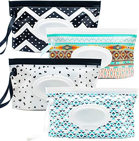 Baby Wipe Dispenser, 4 Pack Portable Refillable Wipe Holder, Reusable Lightweight Wipes Container Case Holder for Travel Wet Wipe Pouch, Geometric