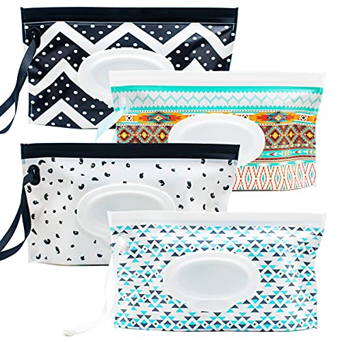 Baby Wipe Dispenser, 4 Pack Portable Refillable Wipe Holder, Reusable Lightweight Wipes Container Case Holder For Travel Wet Wipe Pouch, Geometric #TOP1