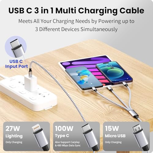 Image of 100W Fast Charging Cable, 2 Pack 3 in 1 USB C Multi Charger Cord