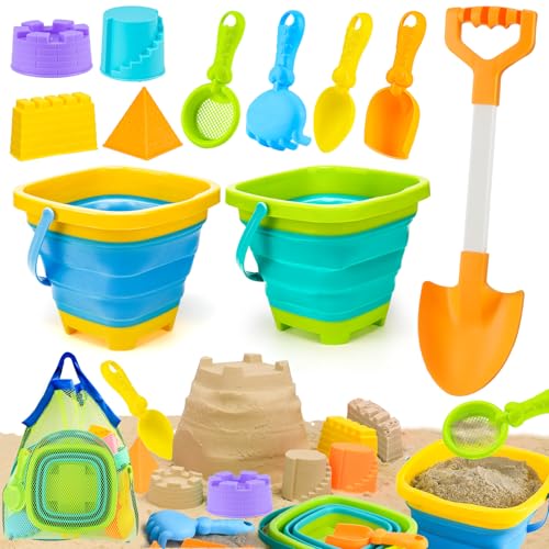 AuntyFey Collapsible Beach Toys for Kids Ages 4-8, Sand Toys for Toddlers Ages 3-4-8, Beach Toy Set with Collapsible Beach Buckets, Sandbox Toy for Kids with Castle Sand Mold and Large Shovels