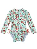 Ropa de Baño, Top Mangas largas, cuello falso, todo está impreso con estampado de flores. De vuelta con cierre de cremallera para facilitar el vestir. Butt está decorado con volantes y bowknots a los lados