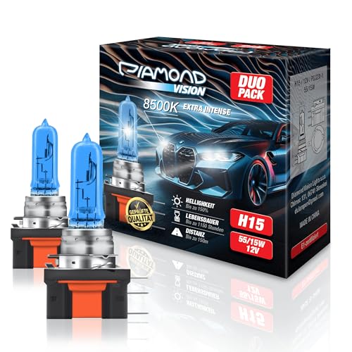 Diamond Vision 2x H15 12V 55/15W | Xenon Look | Halogen KFZ Autolampen | 8500k Super Ultra White | Kaltweiß | extrem langlebig | E-Prüfzeichen | PGJ23t-1