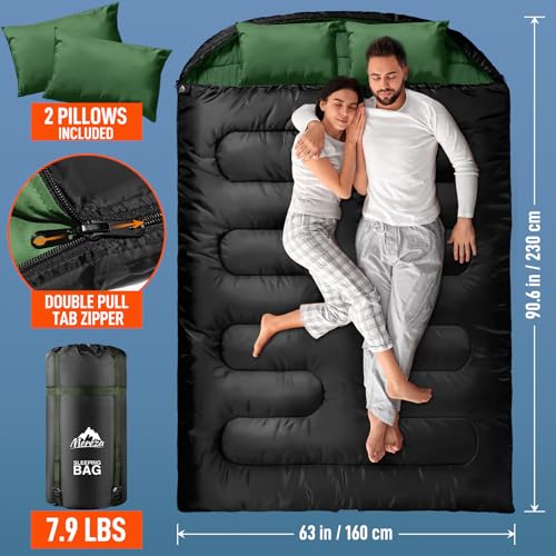 Image of MEREZA Double Sleeping Bag for Adults Mens with Pillow, XL Queen Size Two Person Sleeping Bag for All Season Camping Hiking Backpacking 2 Person Sleeping Bags for Cold Weather & Warm