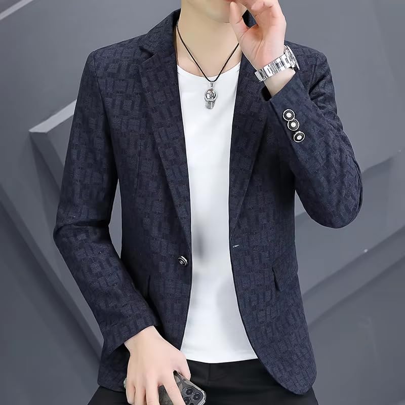 Men's Slim Fit Checkered Formal Suit Spring Fall Blazer for Men-Dark Blue012
