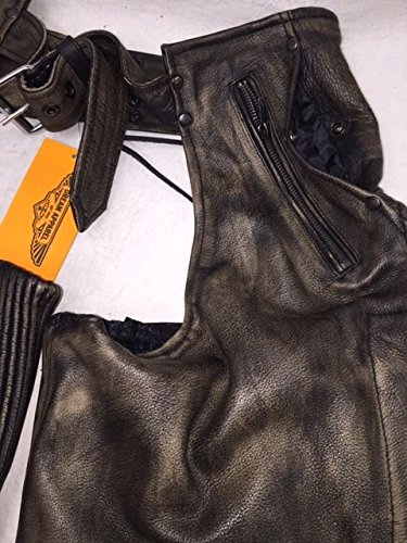 Men's Motorcycle Riding Biker 4 Pocket Distressed Brn Leather Chap Pant W/Liner (Xl Regular) #TOP6
