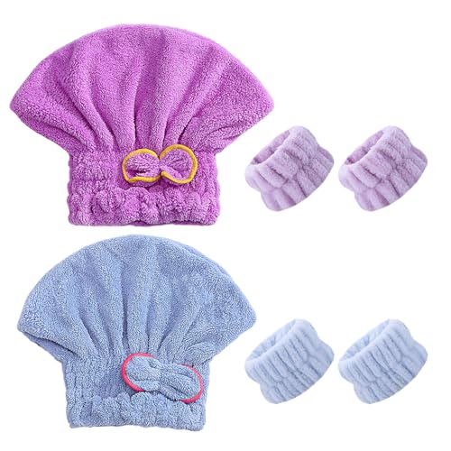 JTMKYO 2 gorros de pelo seco azul y morado y 4 muñequeras azules y moradas, gorras de pelo seco de absorción rápida, cómodas muñequeras adecuadas para la ducha., 1pc Blue 1pc Purple