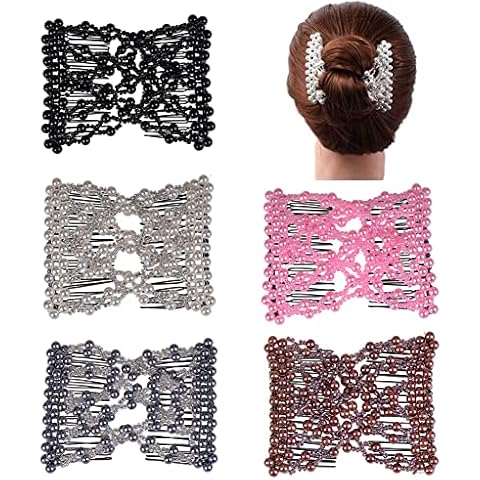 Ruihfas 5Pcs Easy Stretch Beaded Hair Combs Double Magic Slide Metal Comb Clip Hairpins for Women Hair Styling Cover