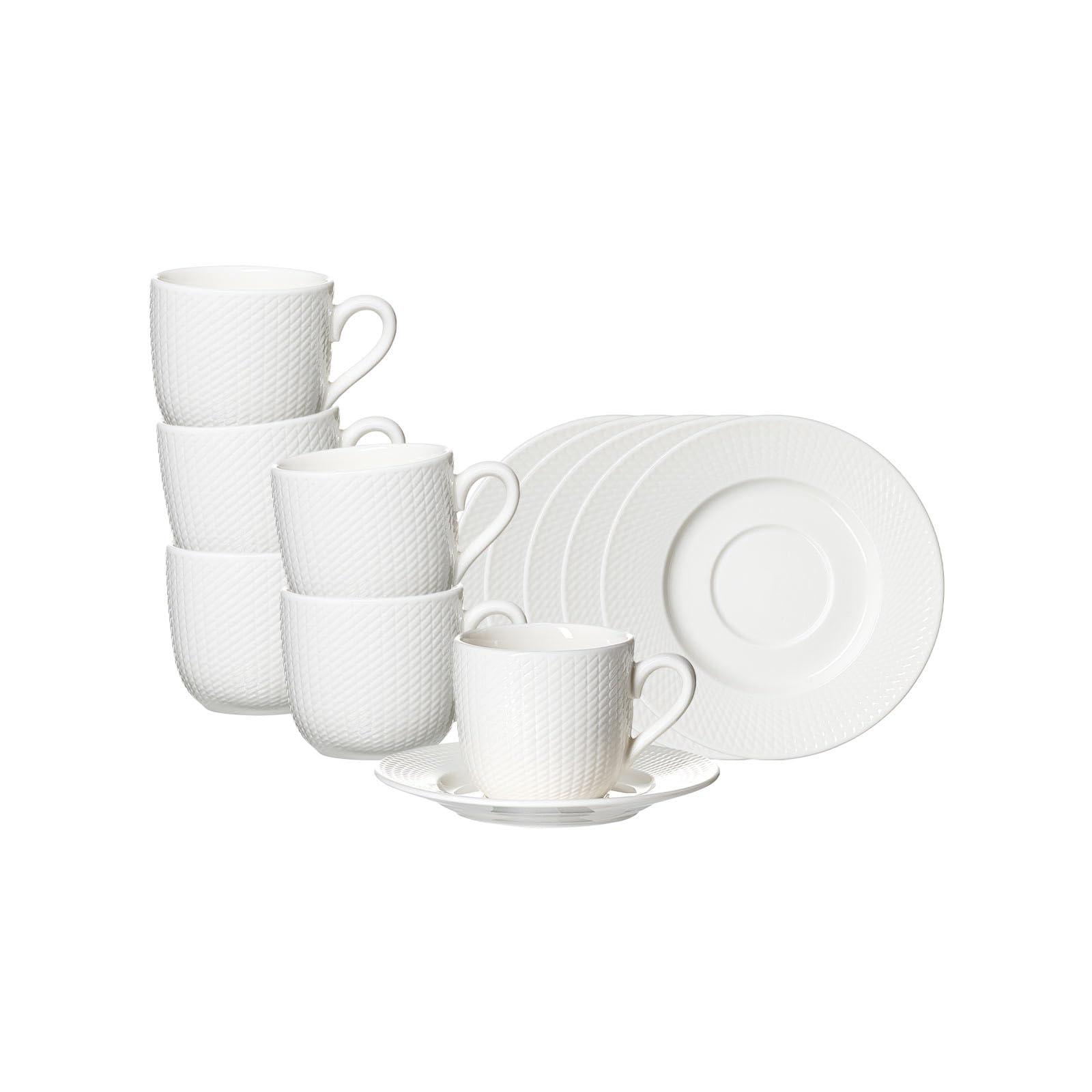 Ritzenhoff & Breker Saphir Espressotassen mit Untertassen 80 ml 6er Set | Porzellan Geschirr-Serie in Weiß mit Mosaik-Relief | spülmaschinenfest & mikrowellengeeignet | Elegant & Modern