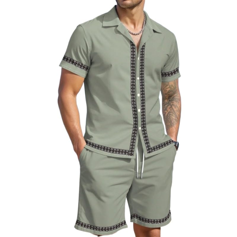Men's short sleeved shirt shorts set button up cardigan Hawaiian set beach pants two-piece set