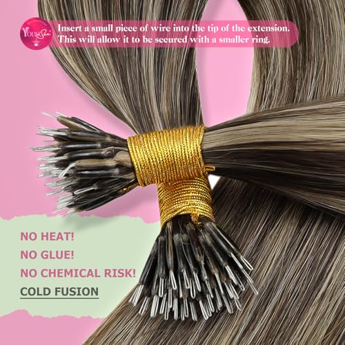 Image of YoungSee Nano Ring Hair Extensions Highlight Hair Extensions Nano Dark Brown Highlights Caramel Blonde Hair Extension Nanobead Pre Bonded Remy Hair Extension for Adding Volume 22in 50 Strands 50g