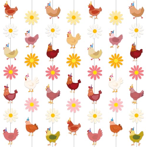 Chicken Party Garlands Chicken and Daisy Birthday Party Decorations 6PCS Boho Daisy and Chick Hanging Garland Banners Floral Farm Chick Ceiling Decor for Barnyard Theme Baby Shower Supplies