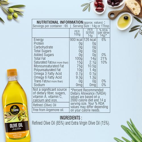 Image of DiSano Pure Olive Oil 1L, Classic Olive Oil ideal for Sauteing, Grilling and Cooking (Pack of 3)