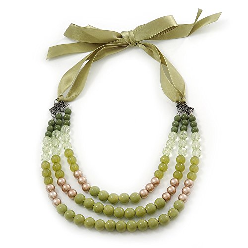 Preisvergleich Produktbild Unbekannt Lang, mehrlagig, Pastellgrün / Gold / Grün / transparent, Akrylperlen-Halskette mit hellgrünem Seidenband - Verstellbar